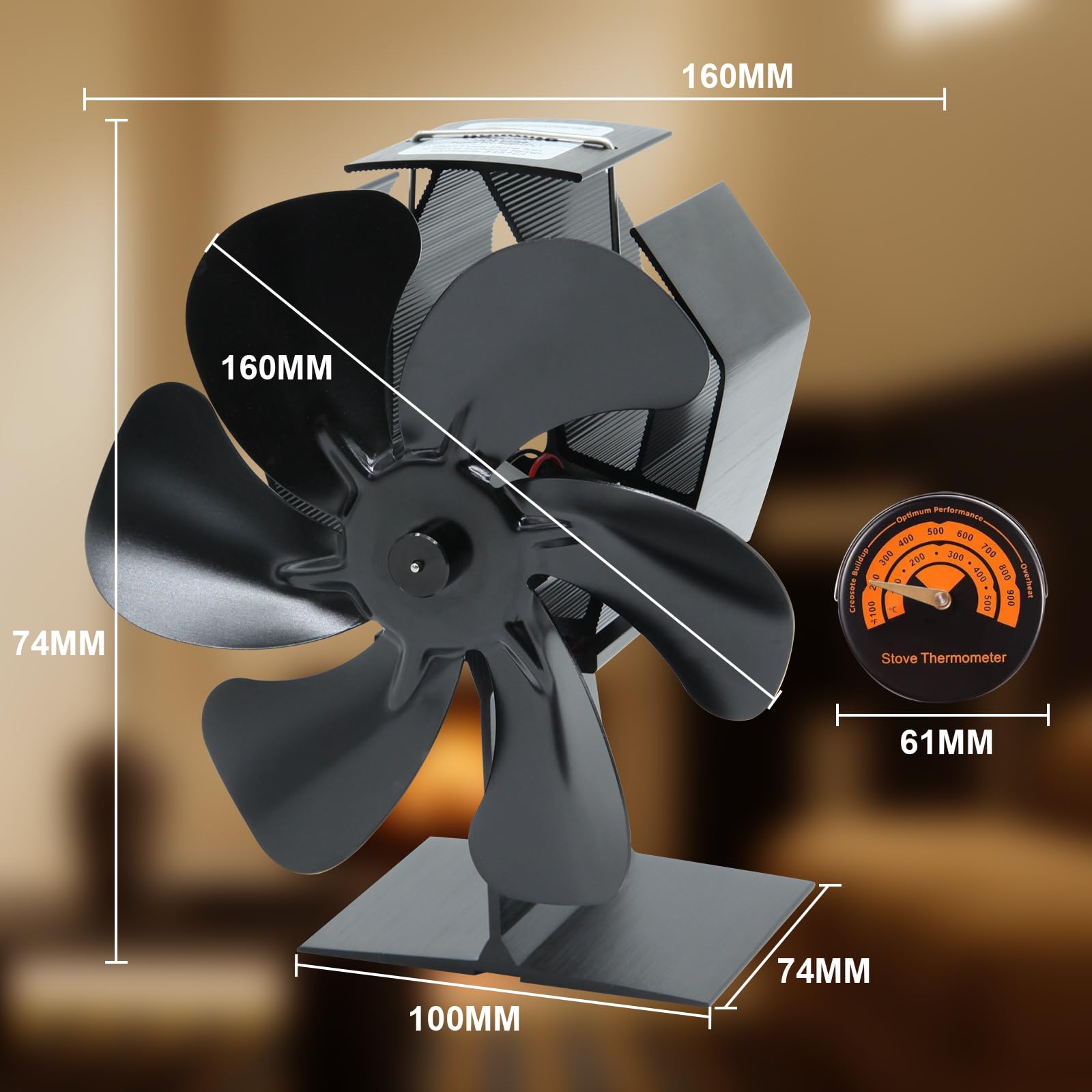 whicow Wood Stove Fan for Buddy Heater, Wood Stove Fan Heat Powered, Thermal Fireplace Fan, Eco Fan for Woodstove with Bracket Fixed on Propane Space Heater/Mr. heater, Camping Outdoor/Indoor Use