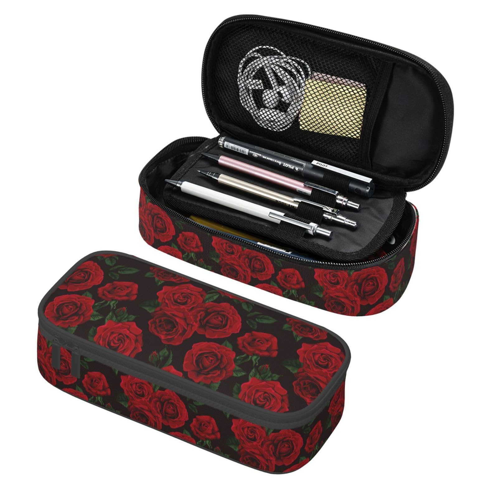 HKHEHOP Red And Black Rose Pencil Case Big Capacity Storage Pencil Pouch Stationery Bags With Zipper Portable Pen Holder Box Organizer For Boys Student College School Office Supplies