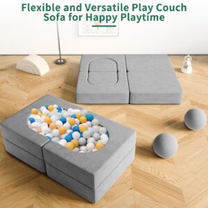 8 Pcs Kids Couch, Modular Kids Play Couch, Fold Out Toddler Couch Building Fort with Balls for Playroom, Convertible Kids Floor Sofa and Foam Couch for Boys and Girls, 30+ Creativity - Grey