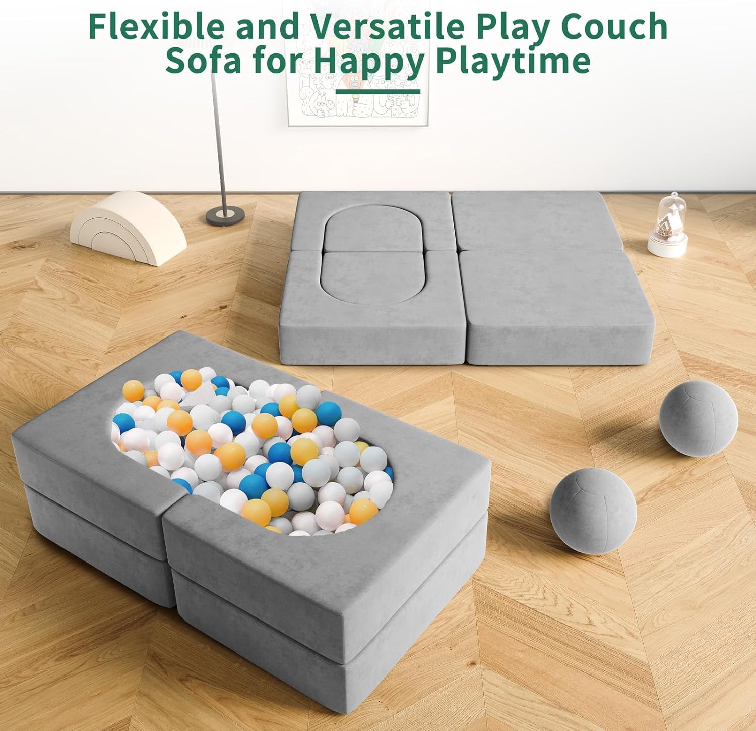 8 Pcs Kids Couch, Modular Kids Play Couch, Fold Out Toddler Couch Building Fort with Balls for Playroom, Convertible Kids Floor Sofa and Foam Couch for Boys and Girls, 30+ Creativity - Grey