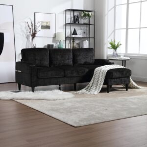 Sectional Sofa Couch with Ottoman, Chenille 3-Seat Sofa with Cup Holders, Upholstered L Shaped Couches with Storage Ottoman and Pocket, Comfy Furniture for Living Room, Small Apartment, Office, Black