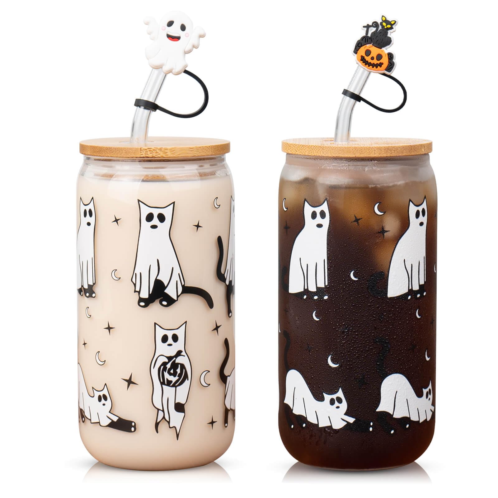 Halloween's Gift,Set Of 2 16 Oz Halloween Cups|Halloween Tumbler|Halloween Mug, Cat Themed Glass Cups With Lids And Straws, Coffee Cups, Fall Gifts For Women,Unique Halloween Ideas For Cat Lovers