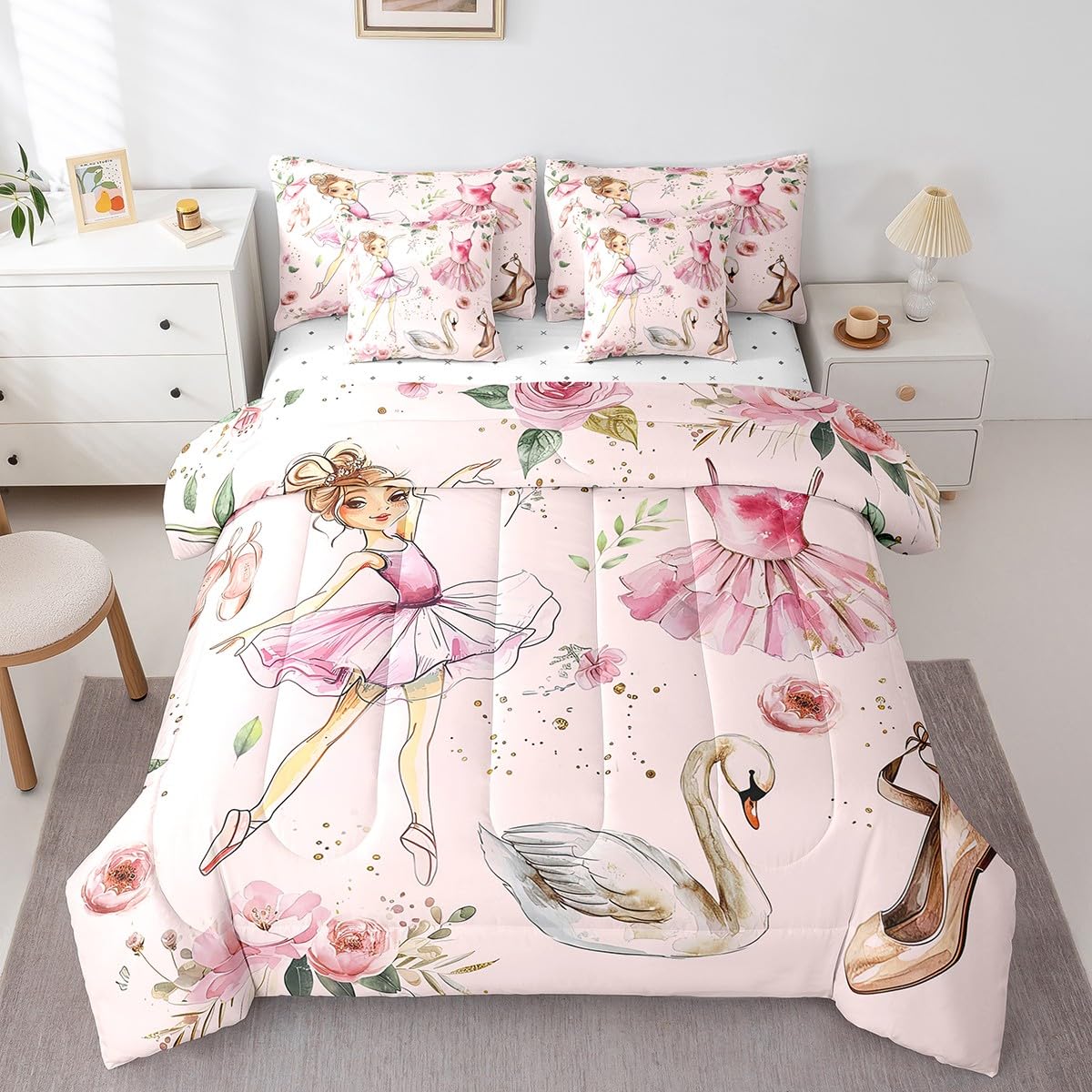 Ballet Dance Girl Pink Comforter Set 7 Pcs,Fantasy Dancing Dress Shoes Bedding Set,Dreamy Swan Watercolor Flowers Kawaii(Comforter+Fitted+Flat Sheet+2 Pillowcases+2 Throw Pillow Covers),Twin