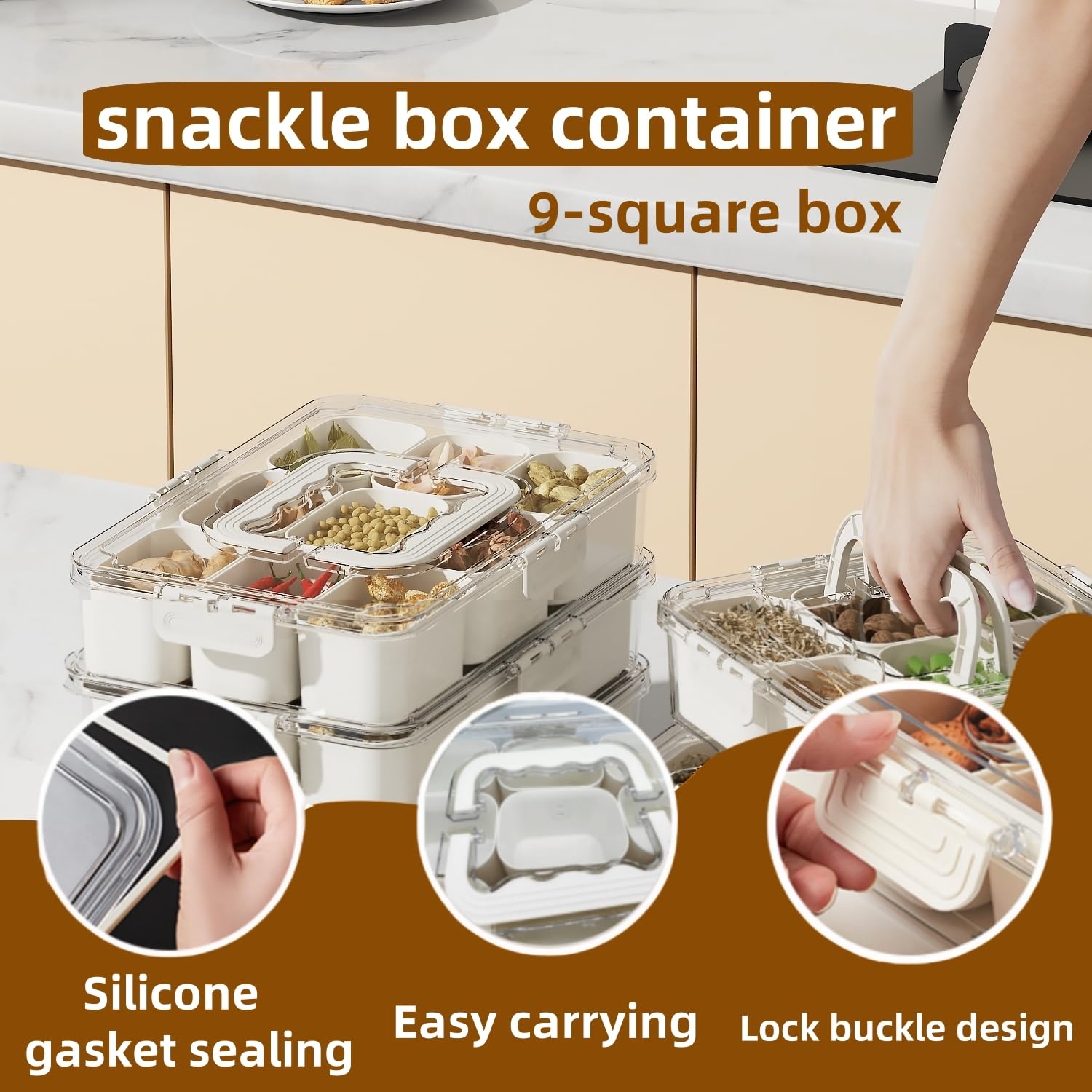 SHUCHNOYE 2 Pack Snackle Box Container 9-Compartment With Lid and Handle -Divided Serving Platters Perfect for Candy, Fruit, and Treats–Portable Snackle Box