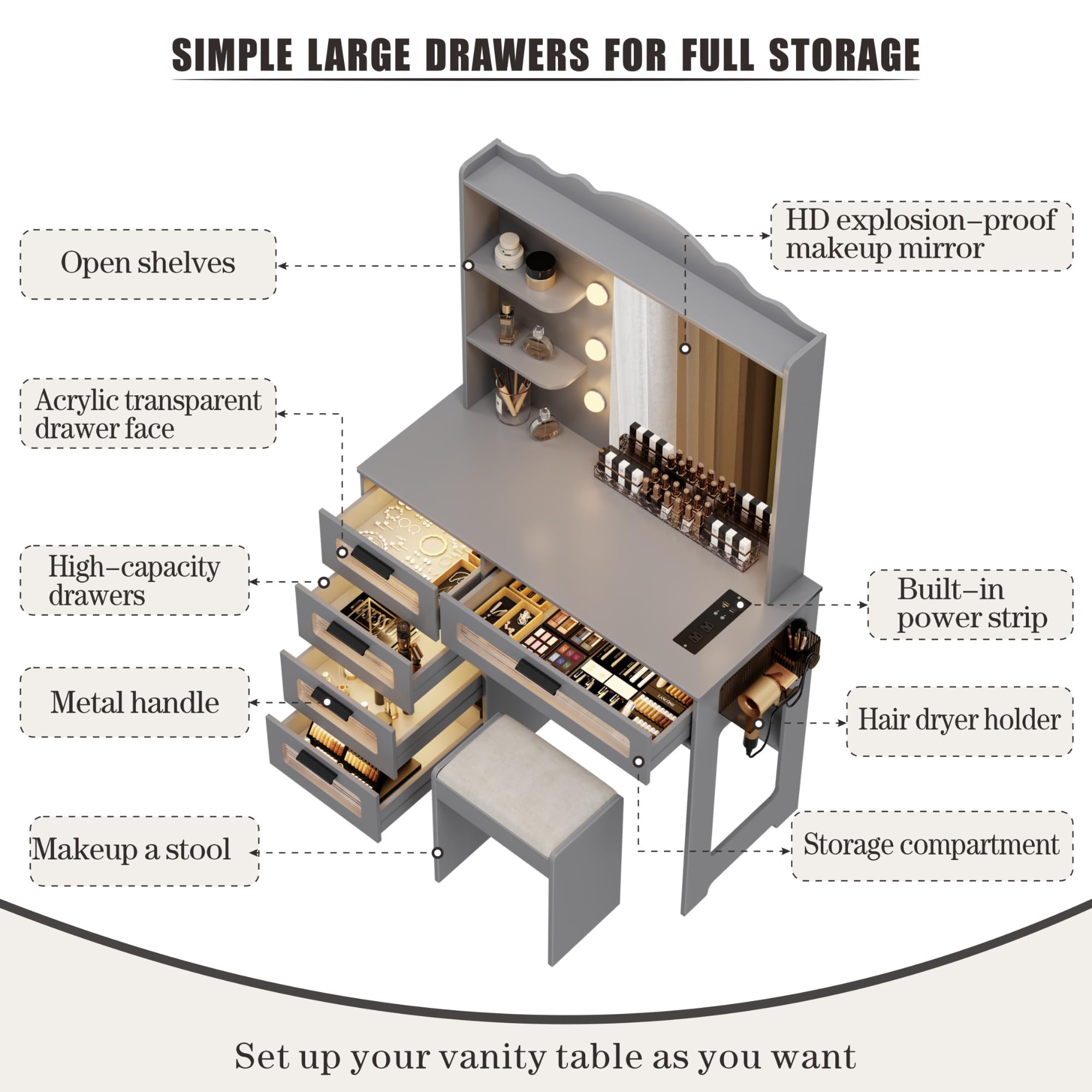 HWB Makeup Vanity Desk with Mirror and Lights,Vanity Table with 5 Drawers&2 Shelves,Vanity Set for Bedroom,Dressing Table with 10 Light Bulbs,Desk Vanity with USB Port&Human Sensor Design,Grey