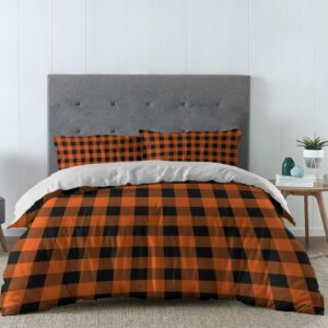 Orange Black Plaid Duvet Cover Sets Farmhouse Buffalo Check Bedding Sets 3 Pcs Soft Comforter Cover Set Including 1 Quilt Cover 2 Pillow Cases, Full Size Comforter Cover Set with Zipper Closure