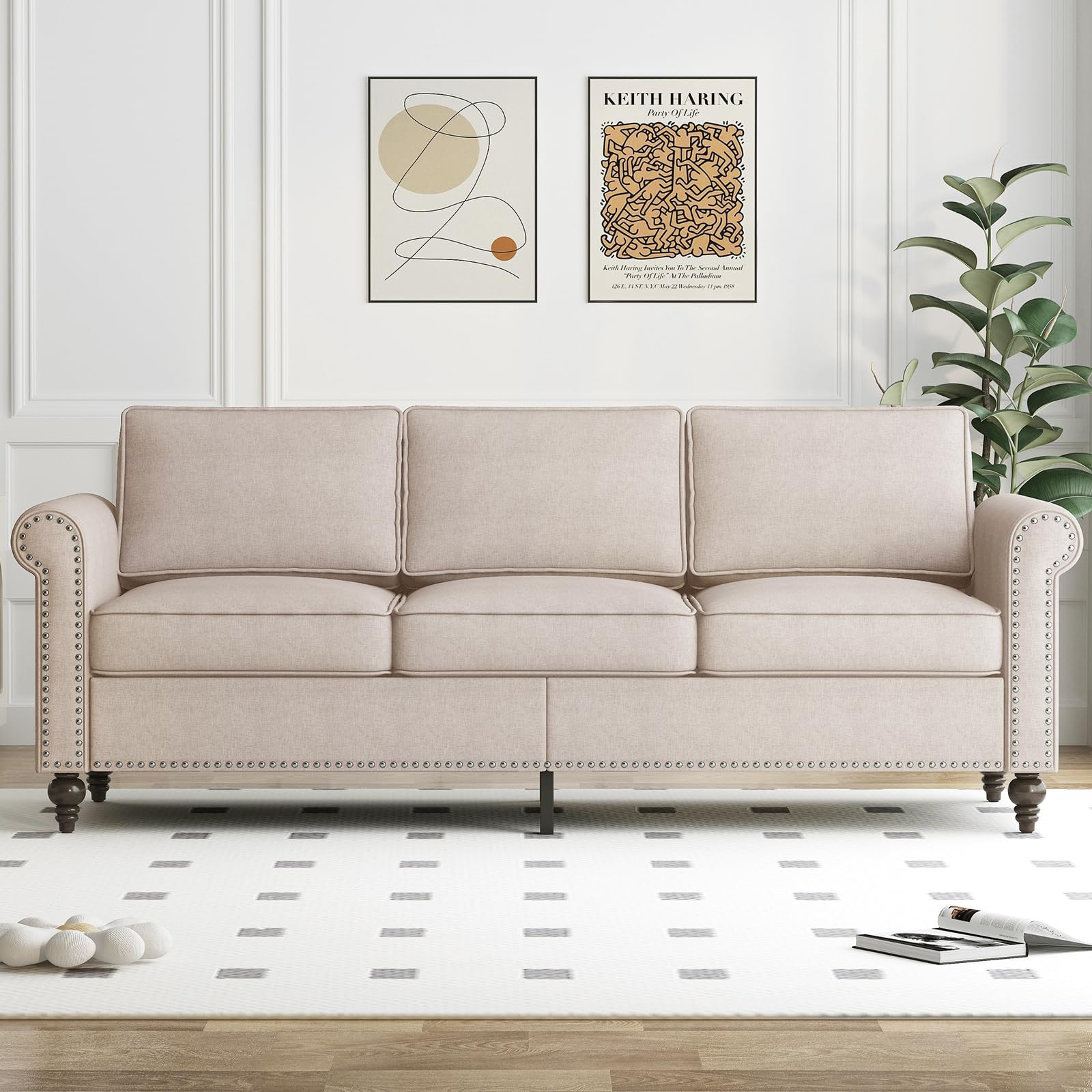 PUREMIND Sofa Couch Set, 3 Seat Couches for Living Room Mid Century Modern Couch with Solid Wood Frame Linen sectional Couch Sofa for Home for Office for Apartment Beige