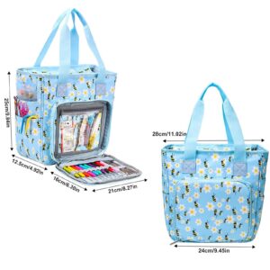 GDJZXD Crochet Bag, Crochet Storage, Knitting Organiser, Crochet Organiser, Craft Bag fit Carrying Projects, Knitting Needles, Crochet Hooks, Yarn, Blue Floral and Bees