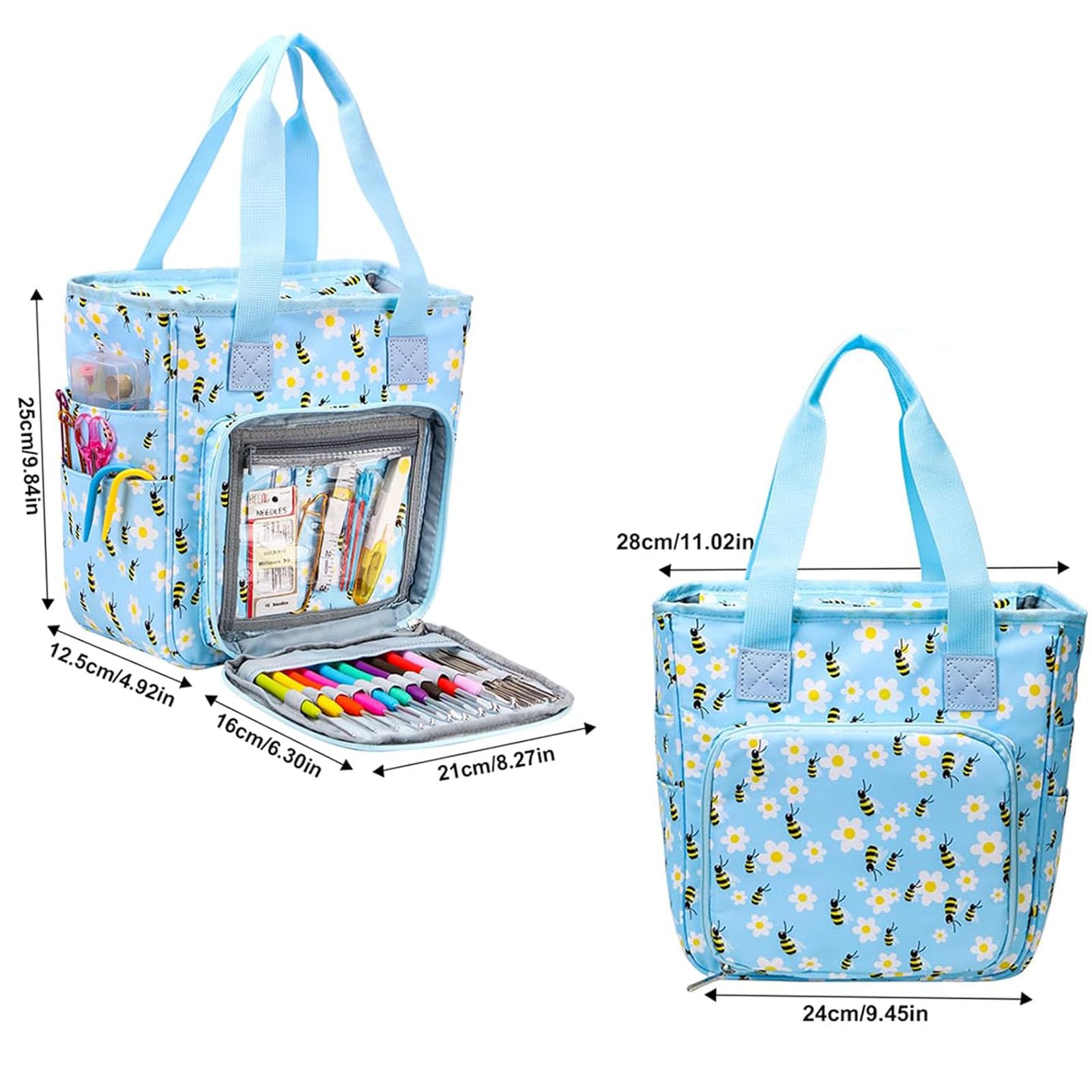 GDJZXD Crochet Bag, Crochet Storage, Knitting Organiser, Crochet Organiser, Craft Bag fit Carrying Projects, Knitting Needles, Crochet Hooks, Yarn, Blue Floral and Bees