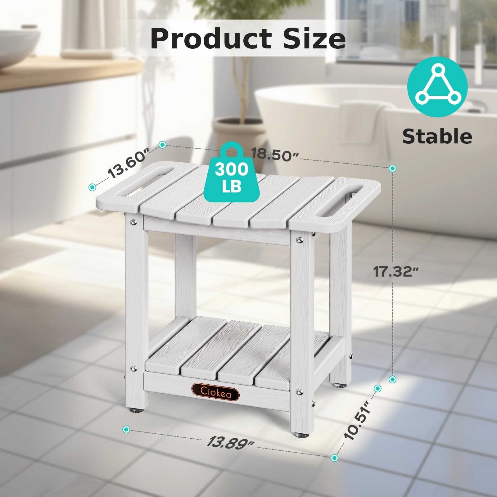 Ciokea Shower Bench for Inside Shower, Waterproof Plastic Shower Stool for Shaving Legs with Storage Shelf, HDPE Shower Bath Tub Benches for Bathroom, Indoor or Outdoor Use, White