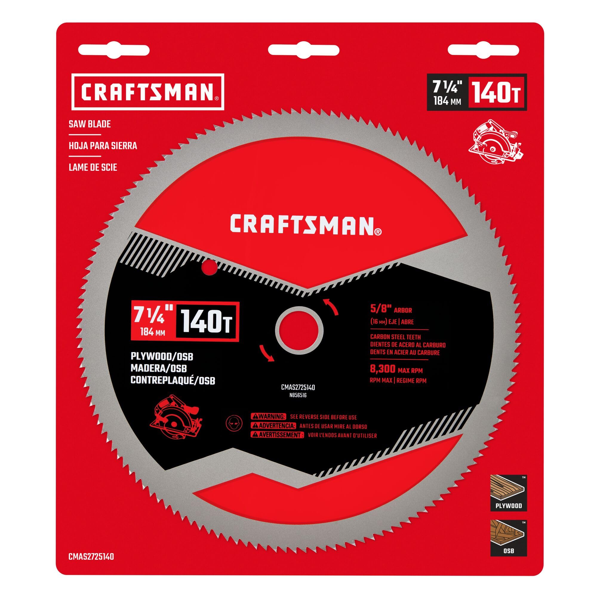 CRAFTSMAN 7-1/4 Inch 140 Tooth Fine Finish Carbon Circular Saw Blade for Plywood, OSB, and Plastic (CMAS2725140)