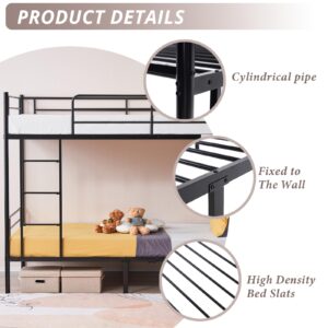 Karl home Black Bunk Bed Twin Over Twin, Metal Bunk Bed with Built-in Ladder and Safety Guardrail, Space-Saving Twin Bunk Beds for Kids, Teens & Adults, No Box Spring