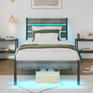 punice twin size bed frame with charging station, led light metal bed frame with wooden headboard, no box spring required, no noise, easy assembly, light grey