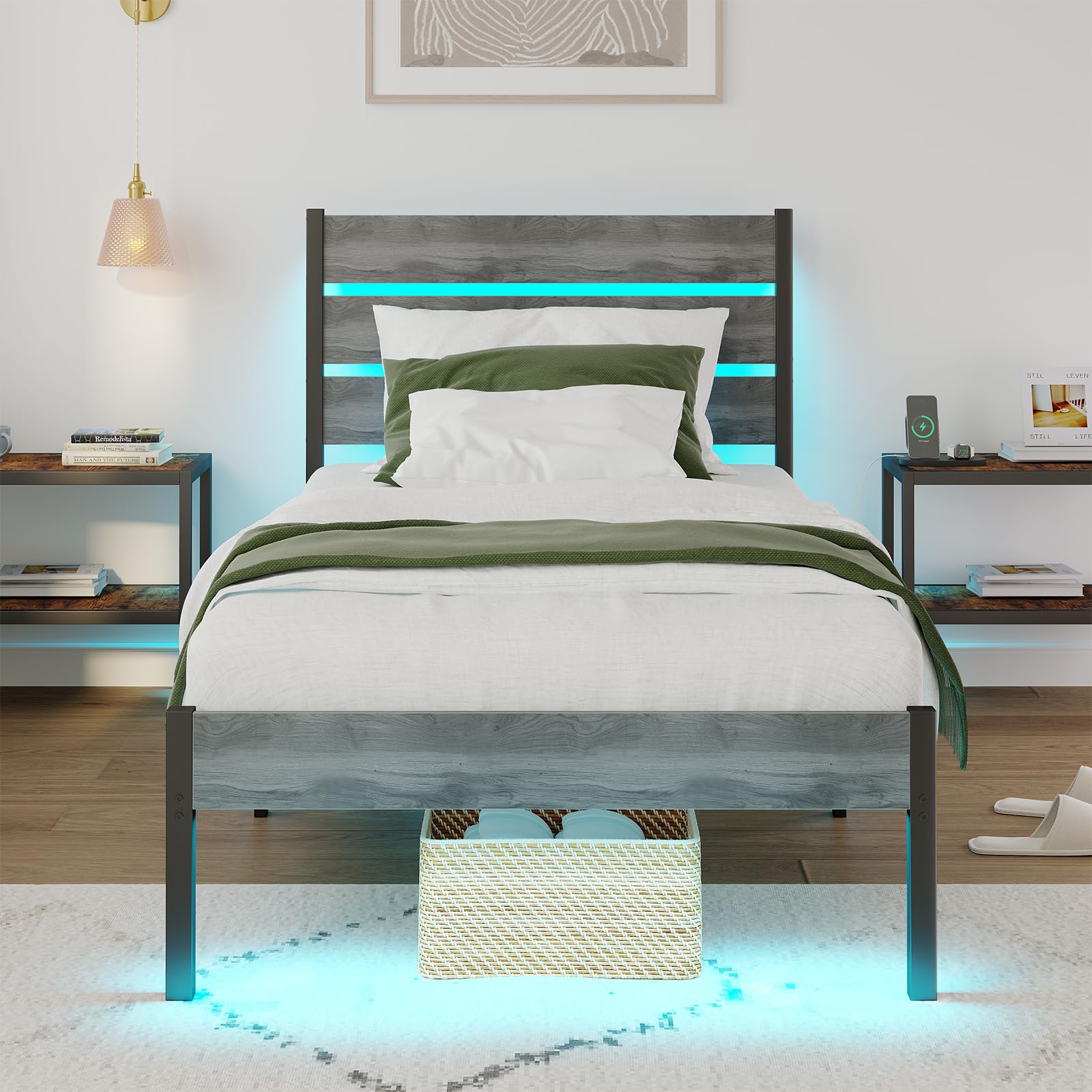 PUNICE Twin Size Bed Frame with Charging Station, LED Light Metal Bed Frame with Wooden Headboard, No Box Spring Required, No Noise, Easy Assembly, Light Grey