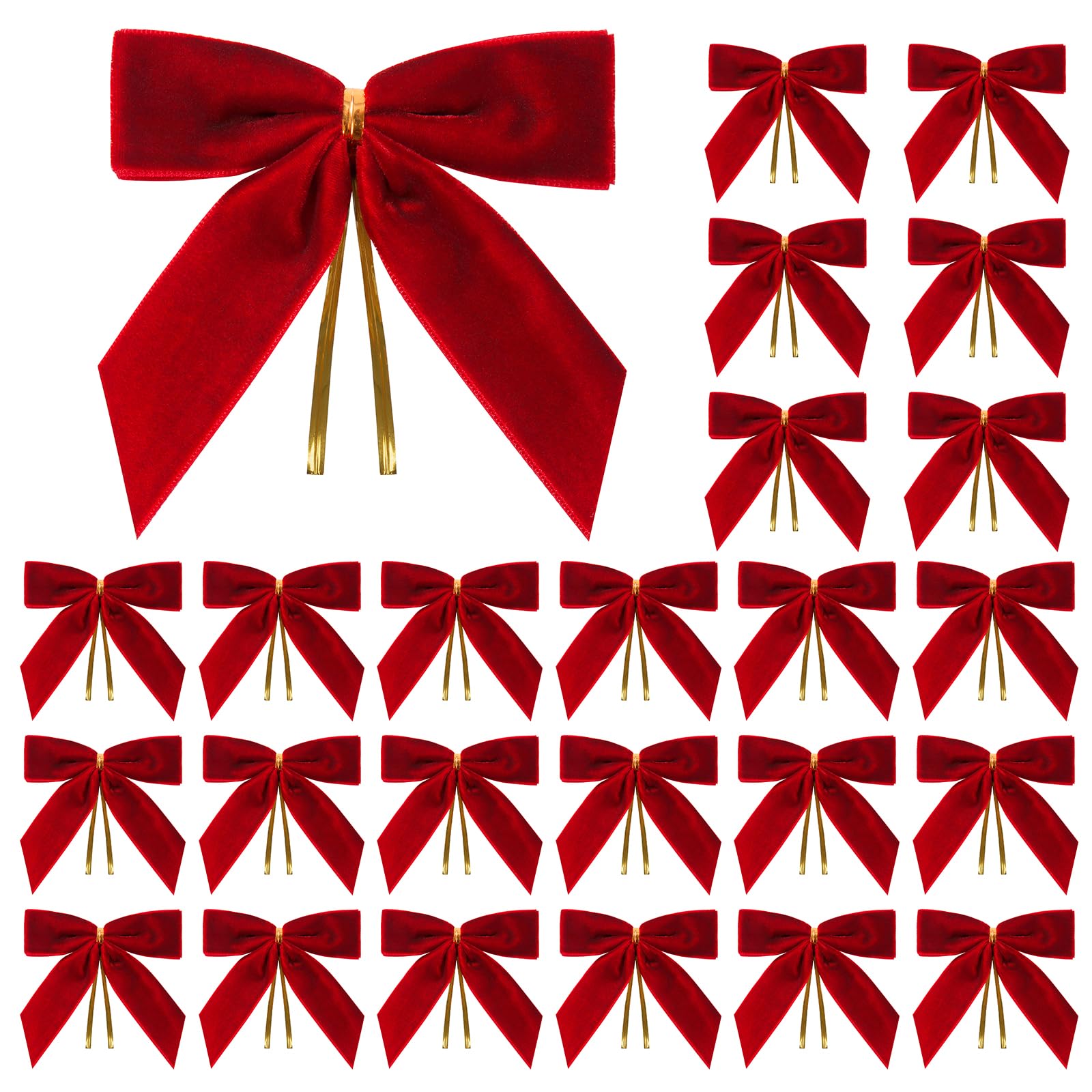 Utehilly 24 Pcs Red Small Velvet Christmas Bows for Christmas Tree, Wreath, Gift Wrapping, Crafts, Wedding, Party, Twist Tie Bows for Treat Bag Bakery Candy Bags, Home Decor 1" W,3.5 x 3.5 inch