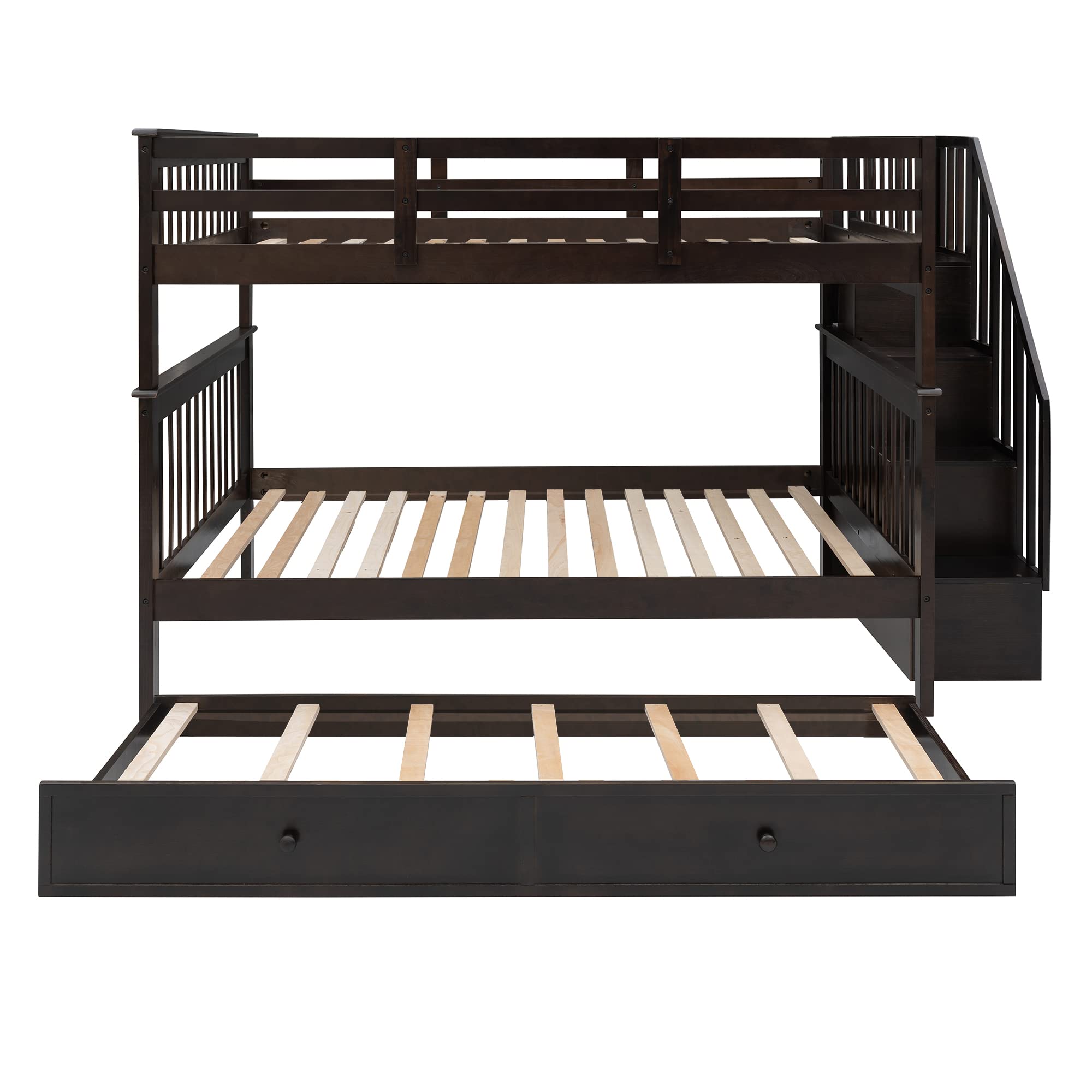 Harper & Bright Designs Full Over Full Bunk Bed with Stairs and Trundle, Wooden Bunk Bed Frame with Storage, for Kids Teens Adults - Espresso