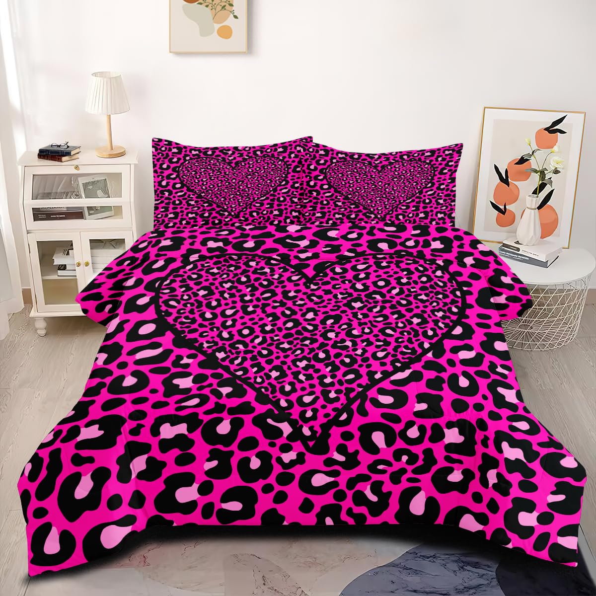 CCoutueChen Pink Leopard Print Comforter Set King Size Couple Love Bedding for Girls Cheetah Printed Bedding Comforter Wildlife Skin Fur Quilt Set Soft Lightweight Down Comforter Set for All Season