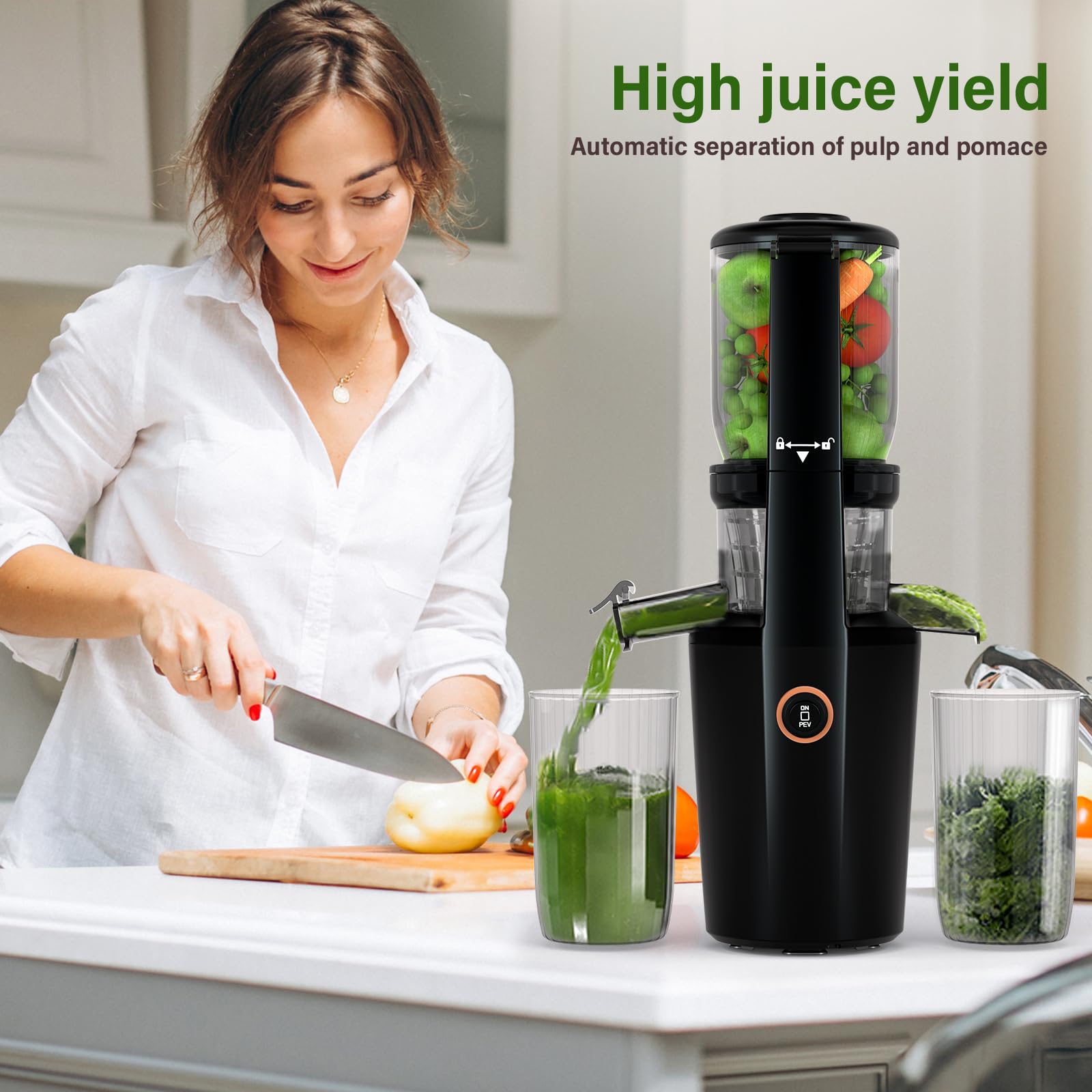 Cold Press Juicer，Slow Masticating Juicer,4.2-inch Large Bore Feed Chute， Juicer Machines Vegetable and Fruit,Easy to Clean, High Juice Yield,250W (black)