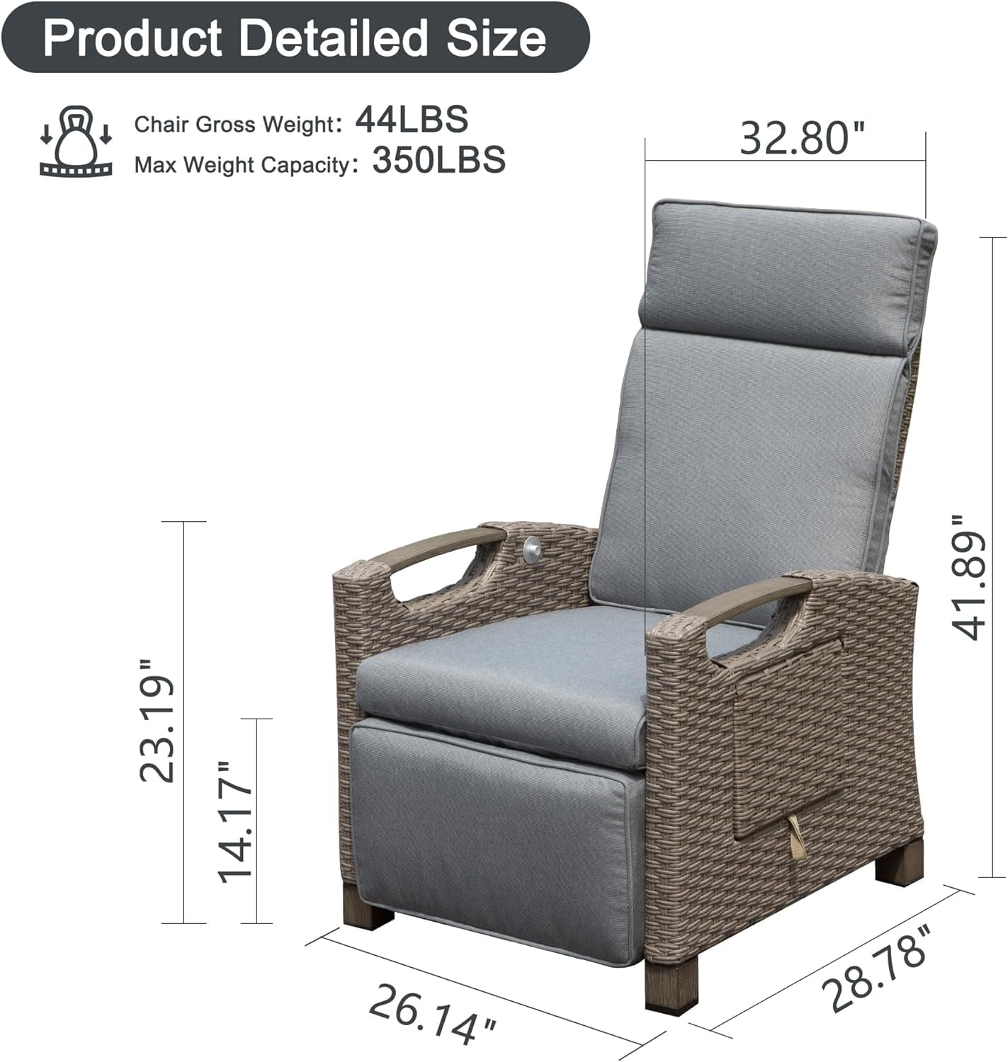 Domi Outdoor Reclining Chairs with Extended Footrest, Adjustable Patio Wicker Lounge Recliner up to 150° with Flip Side Table, Thickness Cushions for Indoor & Outdoor,Grey