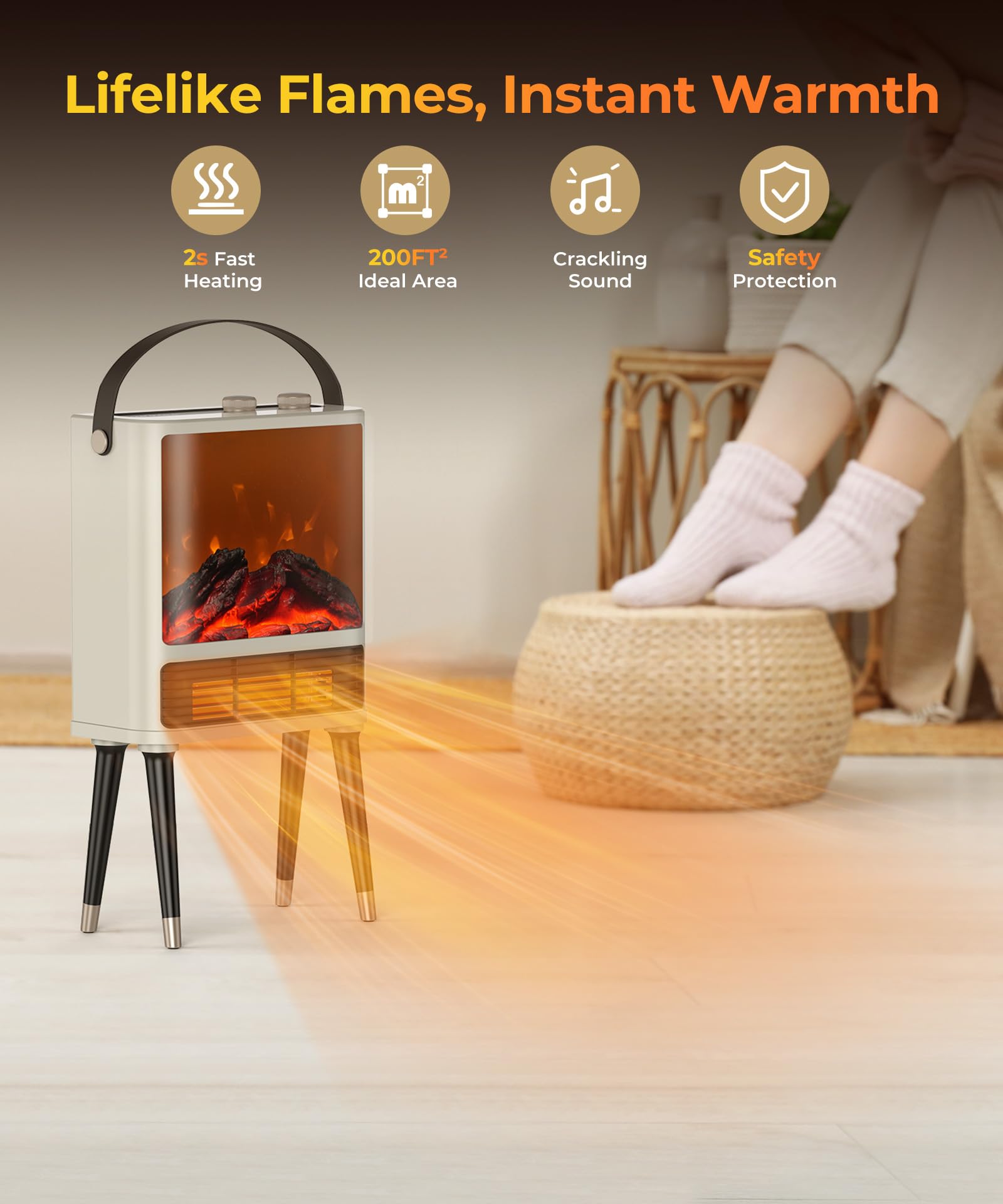 Fireplace Heater, Fireplace Space Heater for Indoor Use, Space Heater with Realistic 3D LED Flame, 2 Modes, Overheating & Tip-Over Protection, 1500W Fireplace Electric Heater for Bedroom White