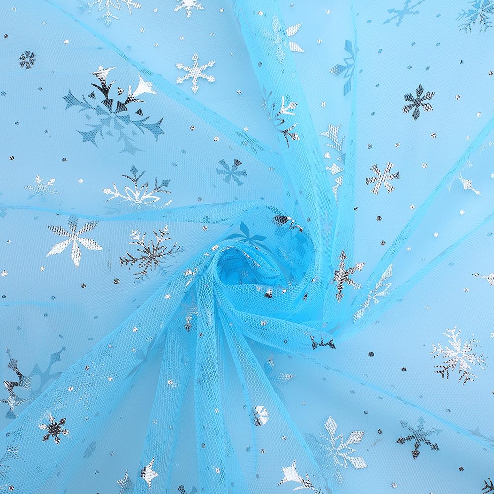 GORGECRAFT Christmas Snowflake Shiny Sheer Fabric 67 Inch Wide Sky Blue Silver Foil Organza Mesh Ribbon Fabric Silky Tulle Tablecloth Net Gauze for Birthday Wedding Party Gift DIY Craft 3 Yards