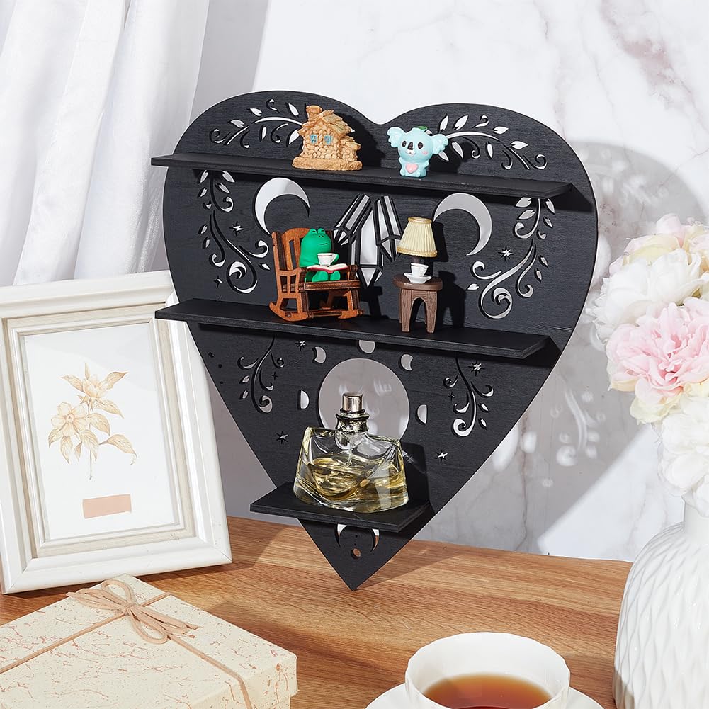 INFUNLY Heart Wooden Crystal Display Shelf Love Wall Mounted Crystal Holder Floating Shelf Crystal Holder Stand Spiritual Decor Shelf for Gemstones Essential Oil Witch Home Bedroom Living Room Decor