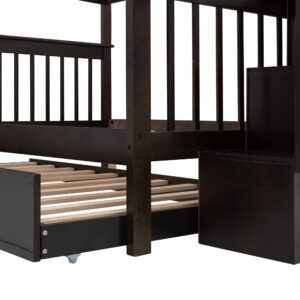 Harper & Bright Designs Full Over Full Bunk Bed with Stairs and Trundle, Wooden Bunk Bed Frame with Storage, for Kids Teens Adults - Espresso