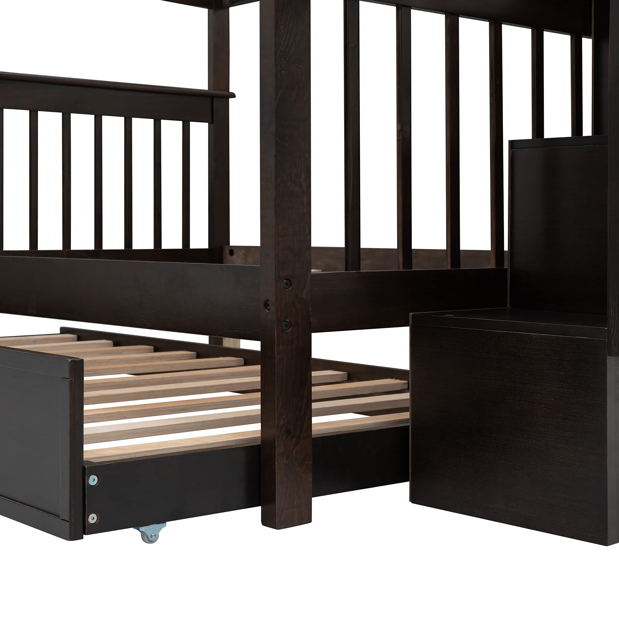 Harper & Bright Designs Full Over Full Bunk Bed with Stairs and Trundle, Wooden Bunk Bed Frame with Storage, for Kids Teens Adults - Espresso