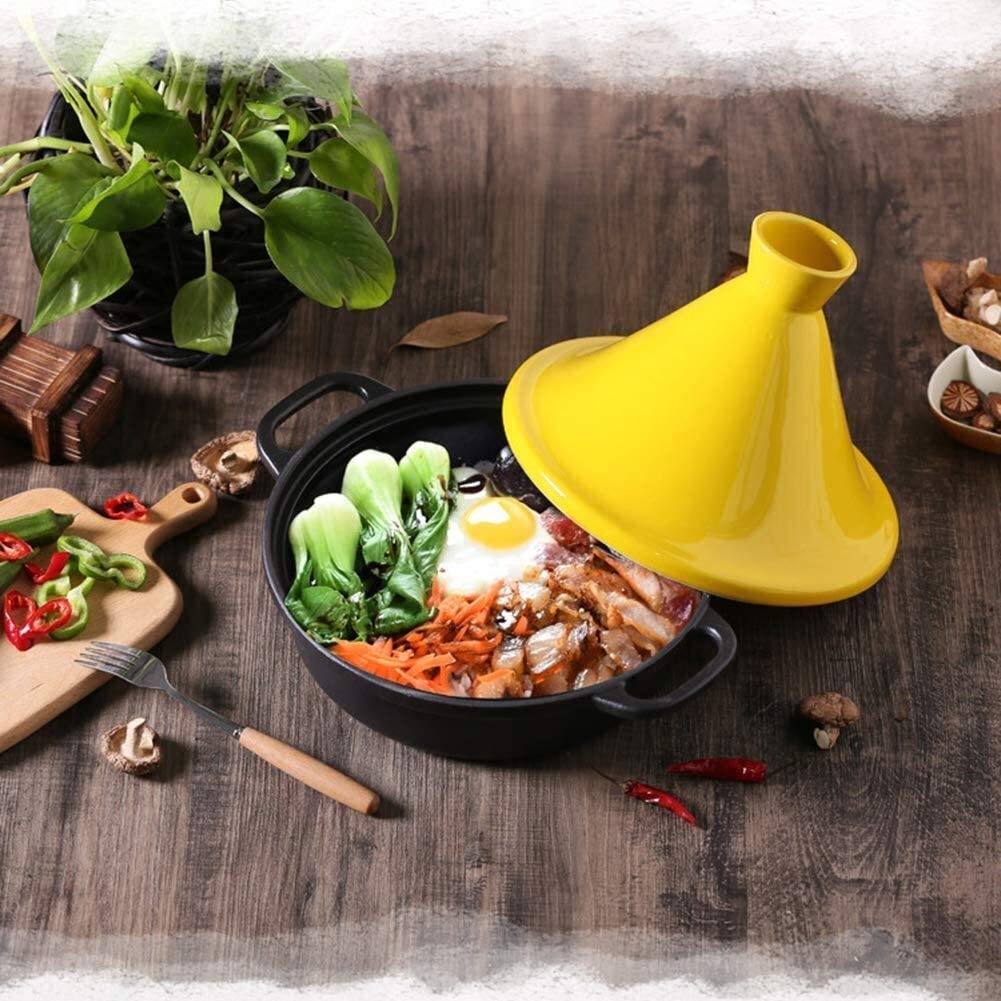 Ceramic Cooking Pot Cast Iron Pot with Lid Cast Iron Tagine Pot 20Cm,Tajine Cooking Pot with Enameled Cast Iron Base and Cone-Shaped Lid Lead Free Stew Casserole Slow Coo