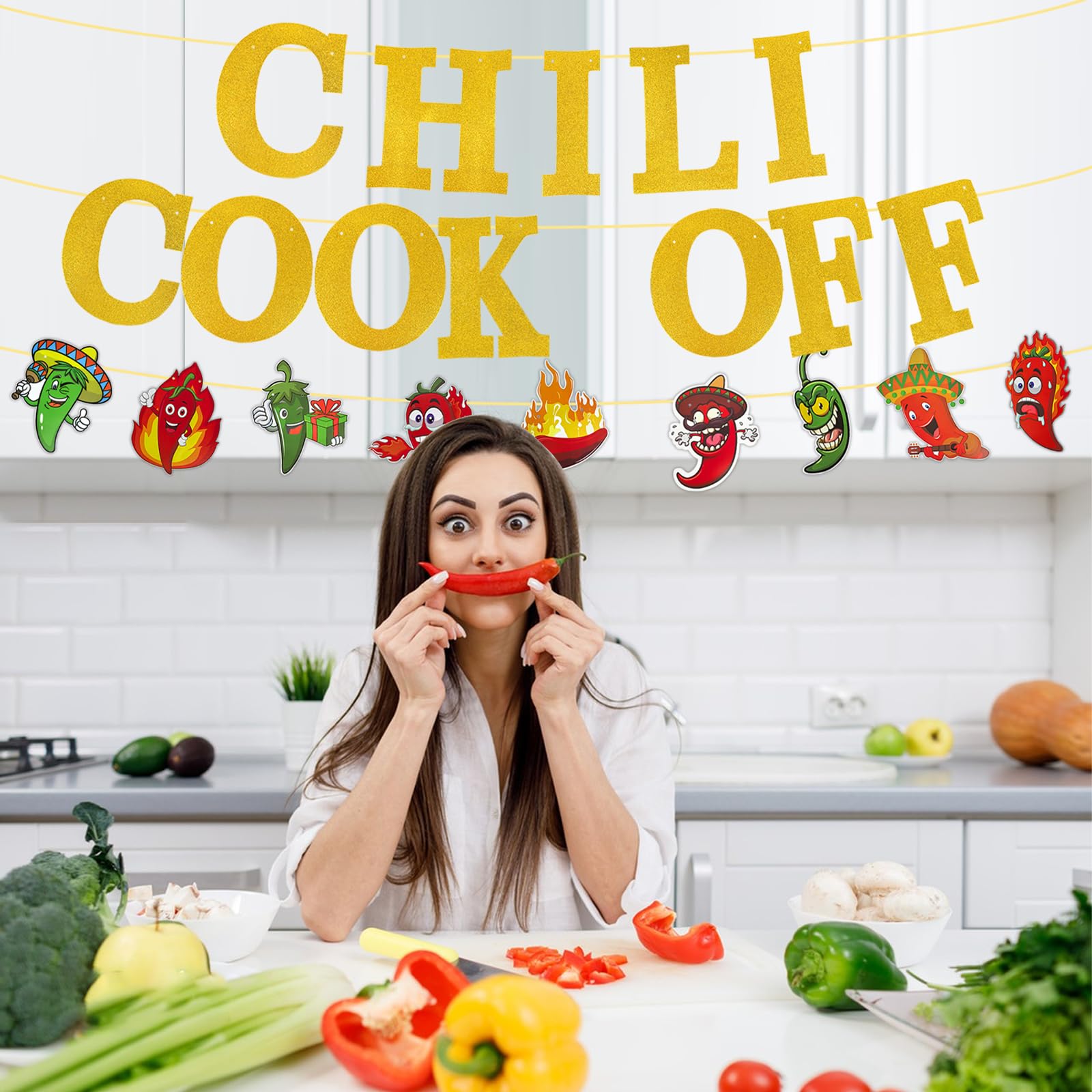 Shiny Chili Cook Off Banner Set - Pre-Assembled Chili Contest Pennants with Chili Pattern Flag and Accessories - Red Hot Chili Cooking Decor Banners - Perfect Chili Cook-Off Party Deco and Chili Decoration Banner Supplies (2 Pcs