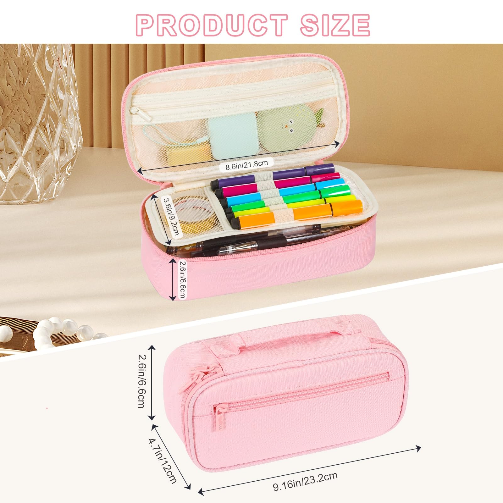 Betarami Pink Pencil Case with Handle, Portable Stationery Case, Pencil Pouch, Large Pencil Case for Home, School &Office