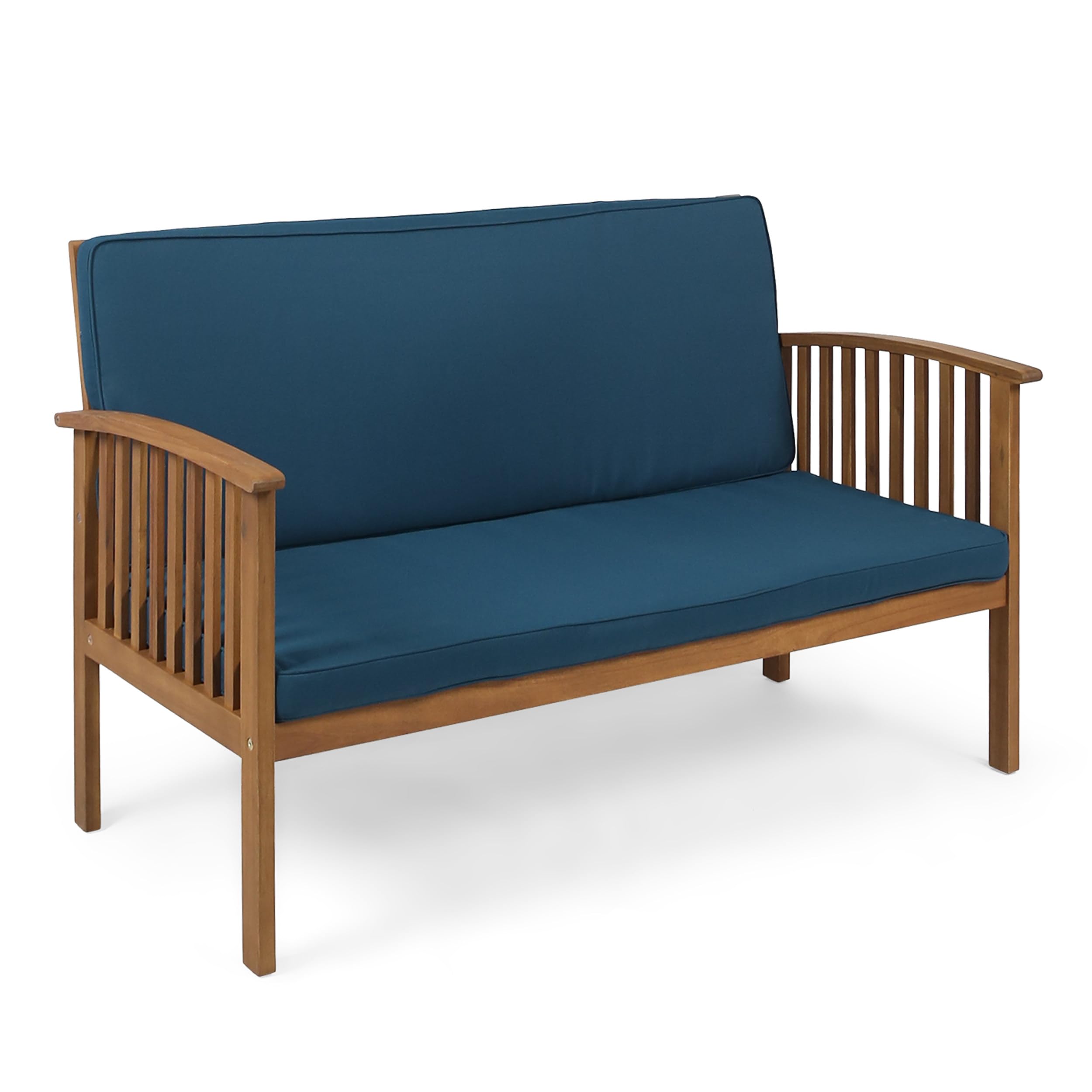 Merax Outdoor Acacia Wood Loveseat, Modern 2 seat Sofa for Backyard & Patio, Brown & Teal