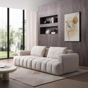 SSC SATISUNCASA 100“Modern Sectional Sofa, 4-Seater Cloud Couch Granular Fleece Velvet Upholstered Sofa Couch for Living Room/Apartment/Small Space (Beige+Solid Wood)