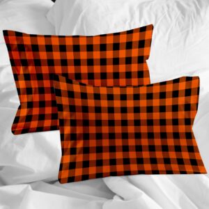 Orange Black Plaid Duvet Cover Sets Farmhouse Buffalo Check Bedding Sets 3 Pcs Soft Comforter Cover Set Including 1 Quilt Cover 2 Pillow Cases, Full Size Comforter Cover Set with Zipper Closure