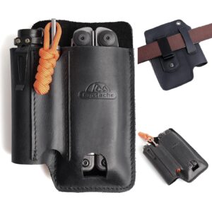 topstache leather multitool sheath with belt clip - leather multitool pouch for belt - edc belt organizer - multitool holster fits multitool, flashlight, pen - leather multitool holder - black