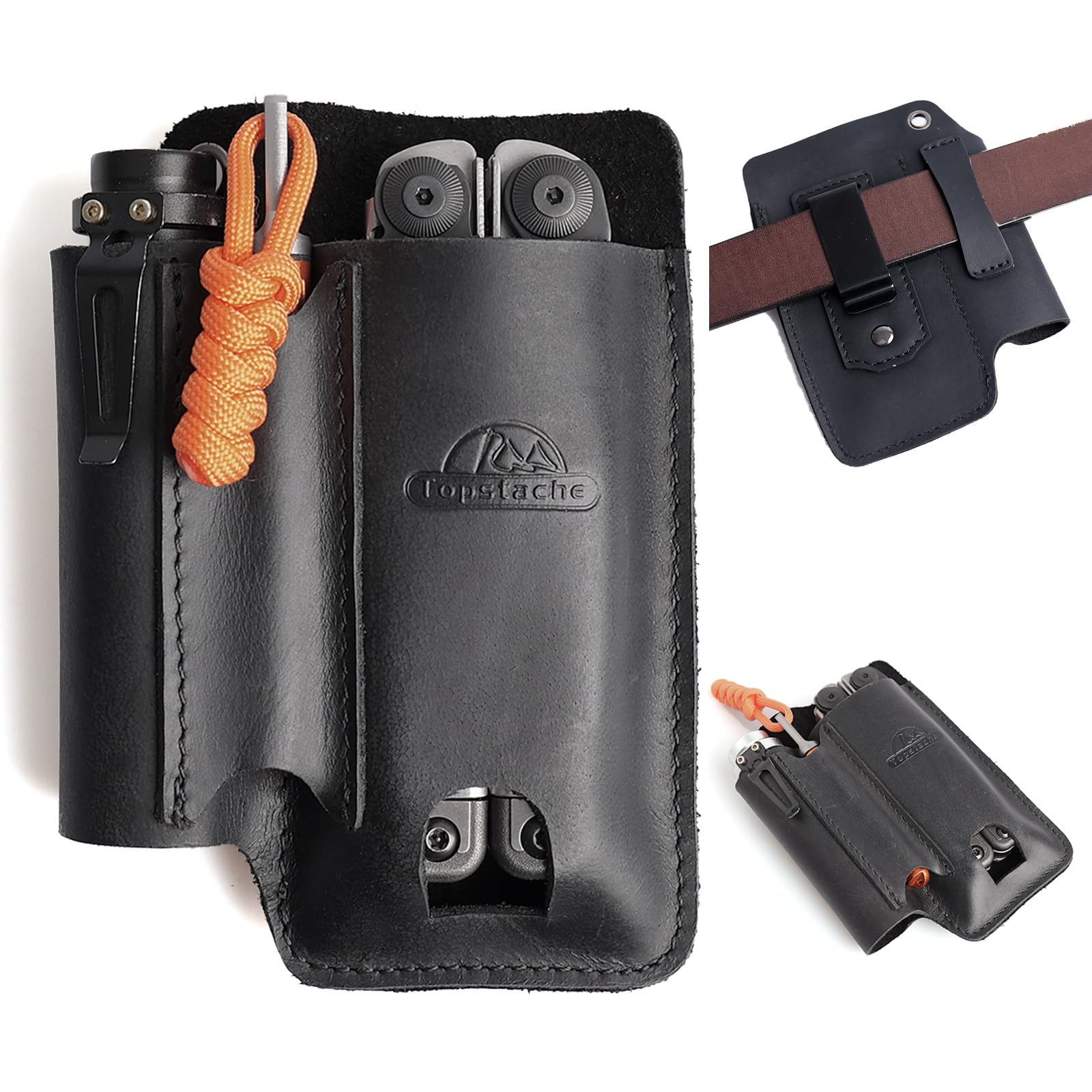 Topstache Leather Multitool Sheath with Belt Clip - Leather Multitool Pouch for Belt - EDC Belt Organizer - Multitool Holster Fits Multitool, Flashlight, Pen - Leather Multitool Holder - Black