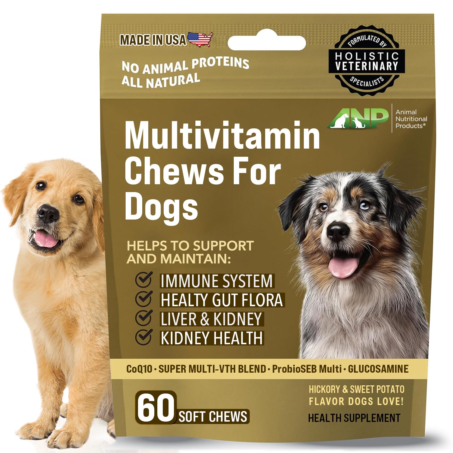 ANP Super Multi-Vitamin, Natural No Animal Proteins, 60 Soft Chews for Dog Gut Health and Immune System, CoQ10, Probiotics 5M CFUs and Glucosamine