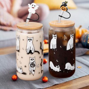 Halloween's Gift,Set Of 2 16 Oz Halloween Cups|Halloween Tumbler|Halloween Mug, Cat Themed Glass Cups With Lids And Straws, Coffee Cups, Fall Gifts For Women,Unique Halloween Ideas For Cat Lovers