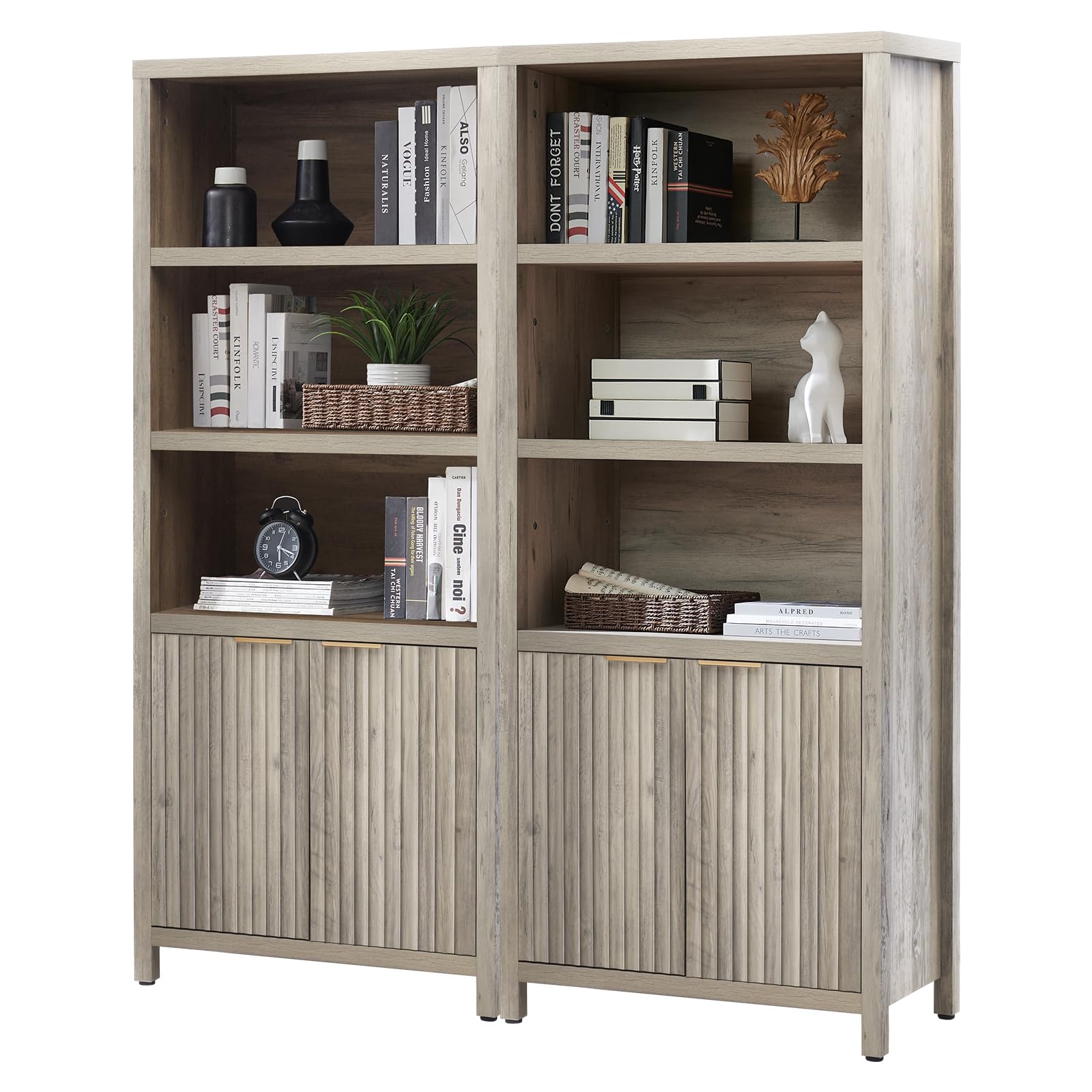 OAKHAM HOME Bookcase, Tall Bookshelf with Doors Cabinet 15.4in Depth, 5 Tier Book Shelf, Wood Oak 1.4" MDF Bookcases with Storage Floor Standing, Farmhouse Bookshelves (Grey Oak, 2 Pieces)