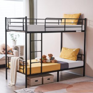 karl home black bunk bed twin over twin, metal bunk bed with built-in ladder and safety guardrail, space-saving twin bunk beds for kids, teens & adults, no box spring