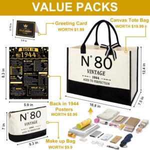 80th Birthday Gifts for Women Canvas Tote Bag Travel Gear, Unique 80 Years Old Gifts for Wife Sister Mom Aunt Friends Her, Vintage N°80 Beach Bag & Cosmetic Bag & Back in 1944 Poster