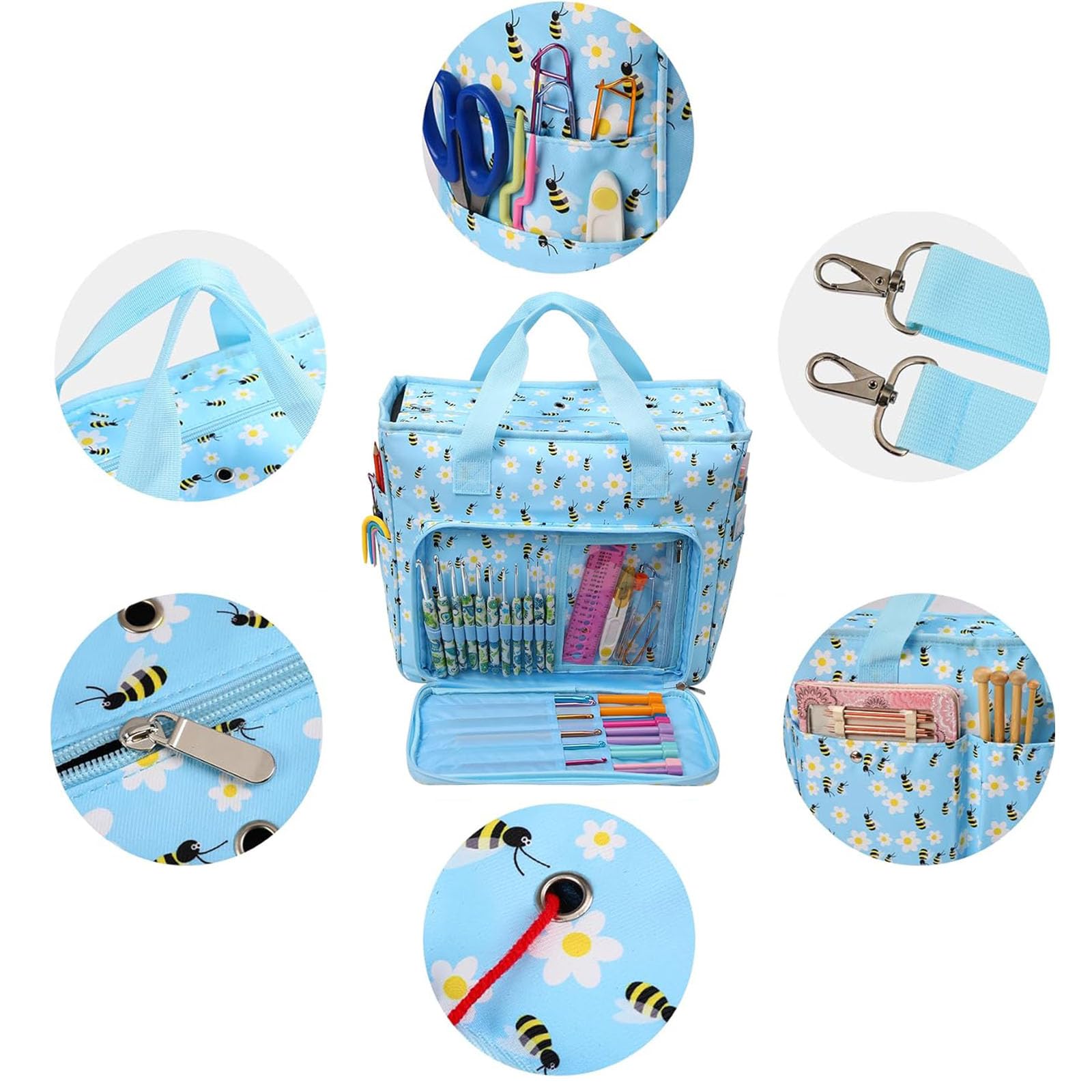 GDJZXD Crochet Bag, Crochet Storage, Knitting Organiser, Crochet Organiser, Craft Bag fit Carrying Projects, Knitting Needles, Crochet Hooks, Yarn, Blue Floral and Bees