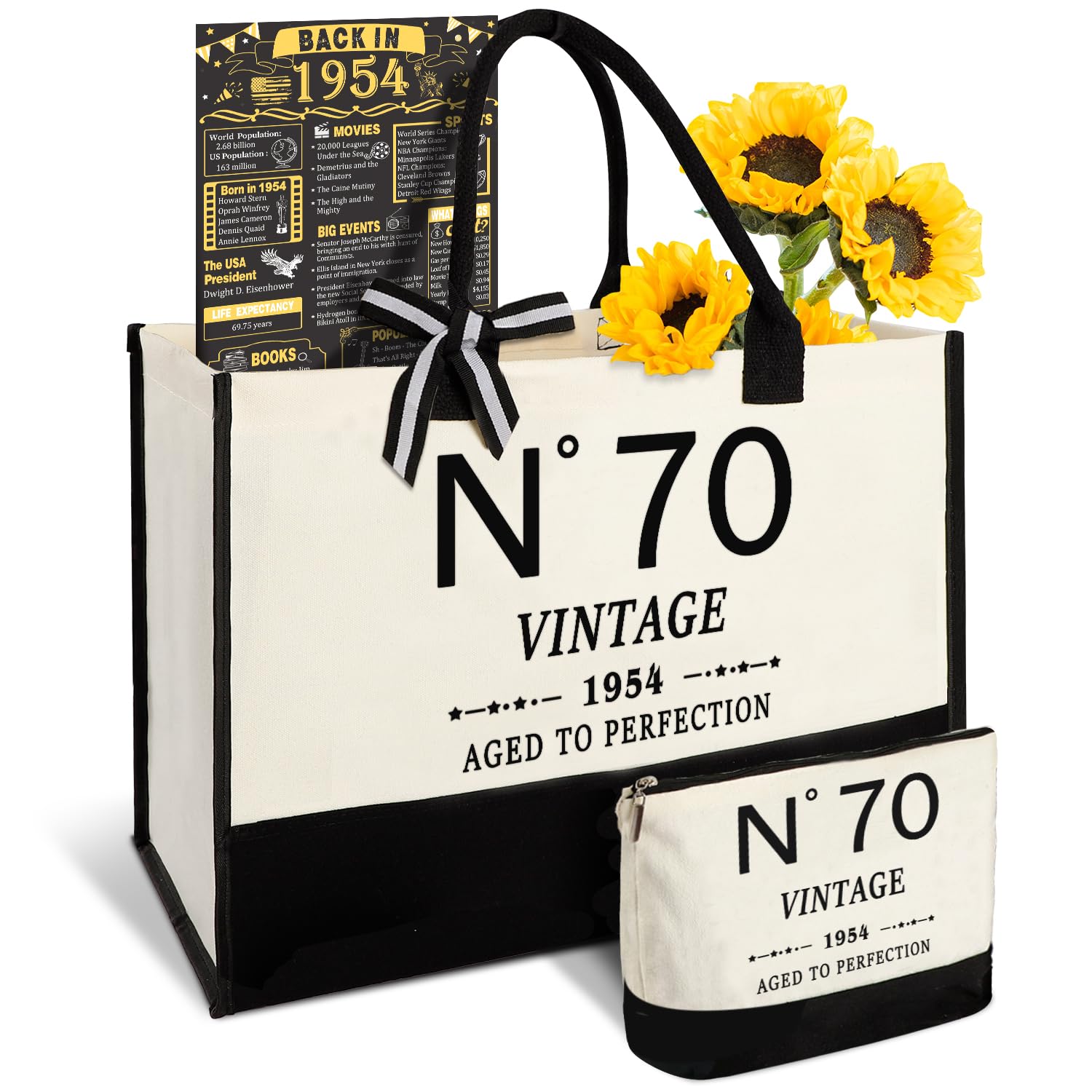 70th Birthday Gifts for Women Canvas Tote Bag Travel Gear, Unique 70 Years Old Gifts for Wife Sister Mom Aunt Friends Her, Vintage N°70 Beach Bag & Cosmetic Bag & Back in 1954 Poster