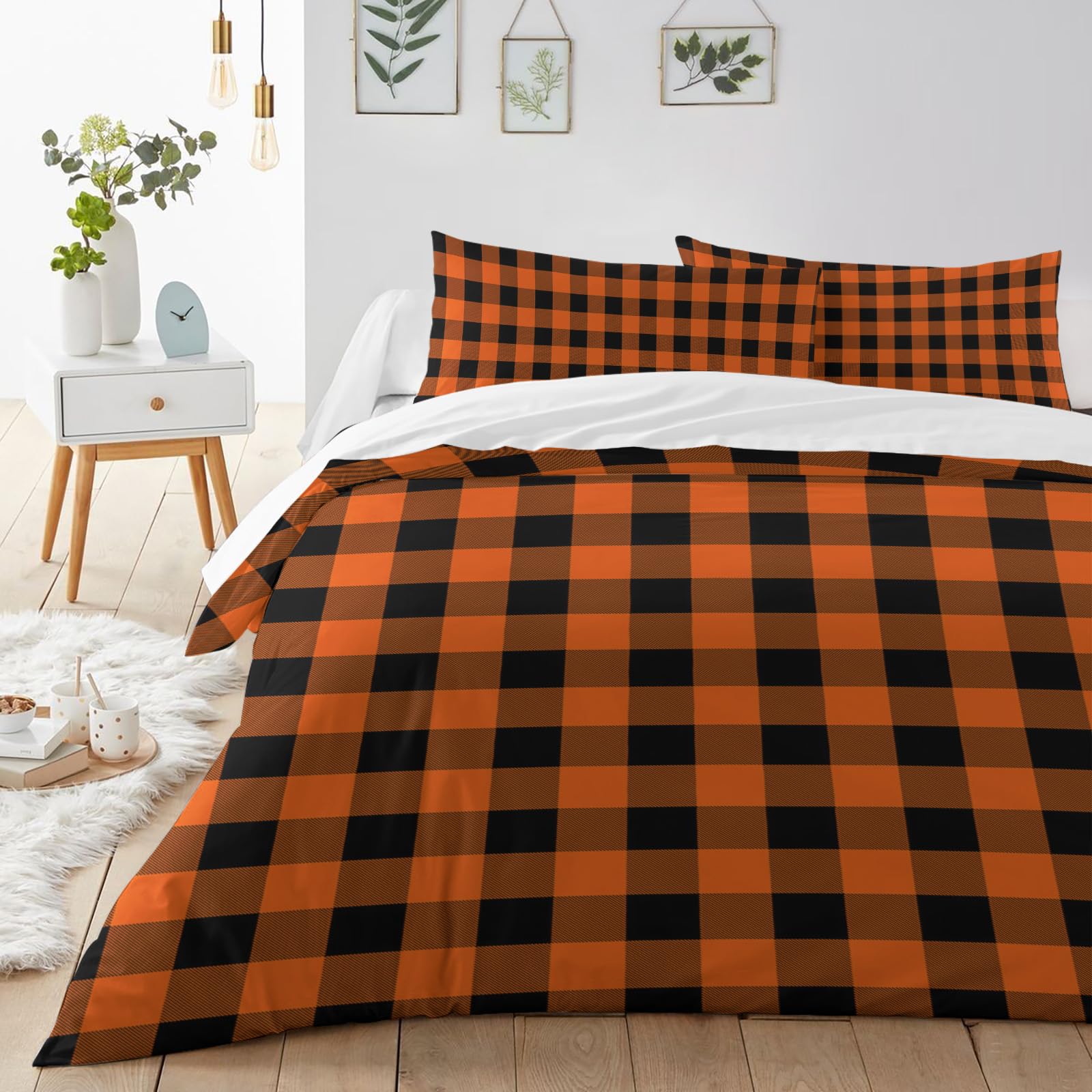 Orange Black Plaid Duvet Cover Sets Farmhouse Buffalo Check Bedding Sets 3 Pcs Soft Comforter Cover Set Including 1 Quilt Cover 2 Pillow Cases, Full Size Comforter Cover Set with Zipper Closure