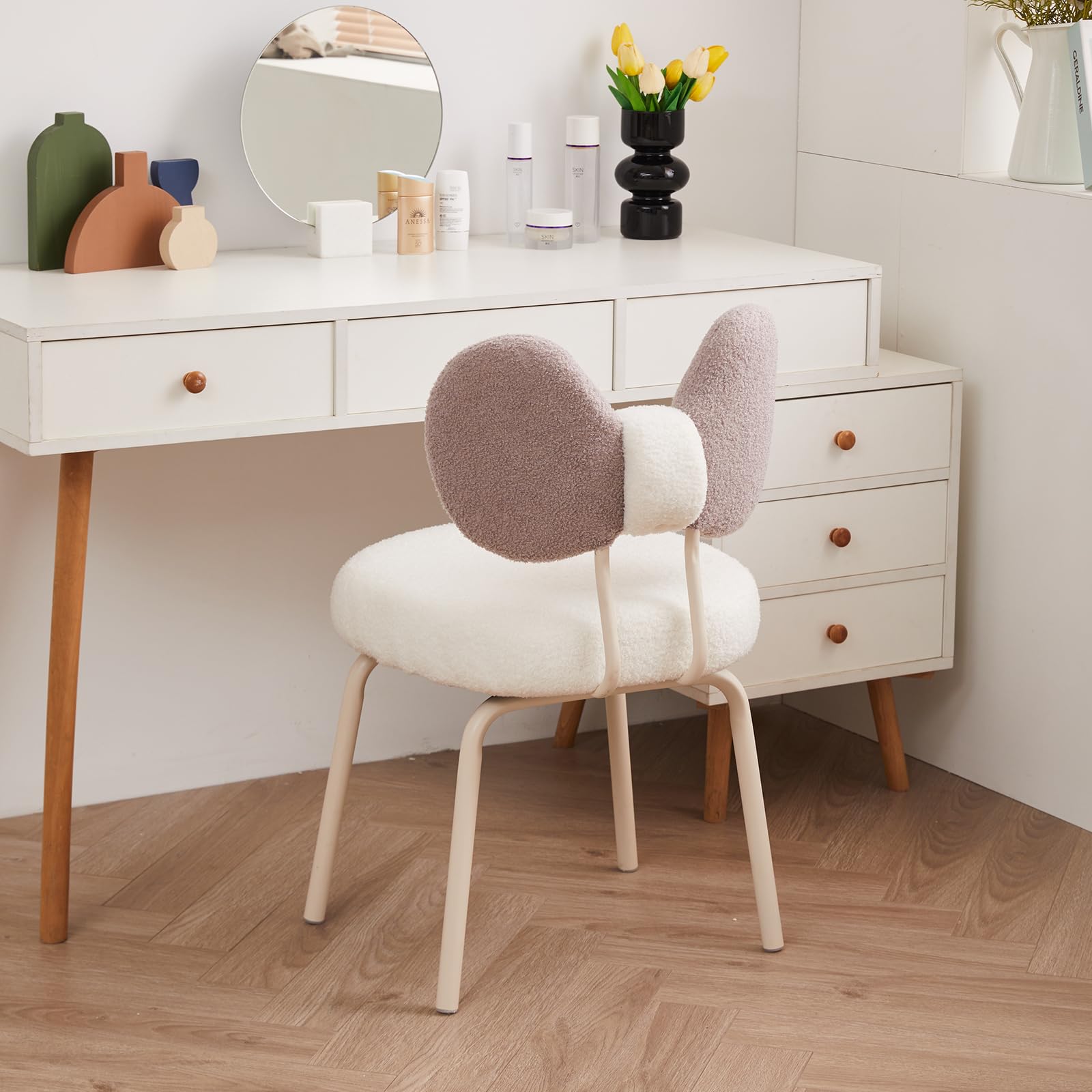 HousePrint Vanity Chair with Bowknot Back, Comfy Desk Chair no Wheels 360°Swivel Makeup Stool, Makeup Chair for Vanity with One-Whole Metal Legs for Dressing Room, Bedroom, Chic & Modern Look