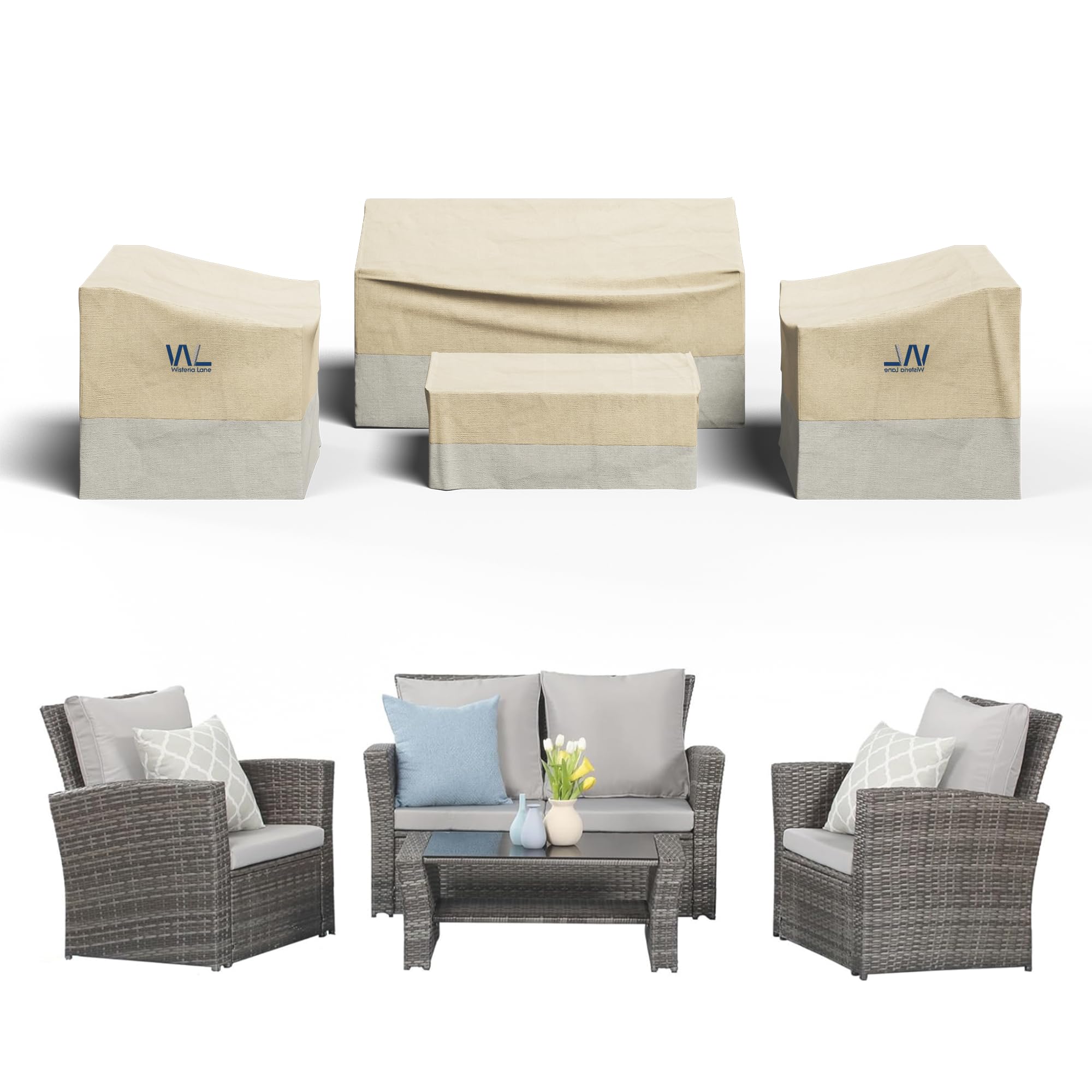 Wisteria Lane 4 Pieces Outdoor Furniture Cover with Air Vent, Heavy Duty Oxford Outdoor Couch Covers, Water-Resistant, Weatherproof, Patio Covers for Loveseat, Coffee Table, Chair, Beige & Grey