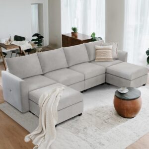 hallybee modular sectional sofa with storage seat comfy chenille sectional couches for living room with ottoman u shaped couch 6 seats couch light grey