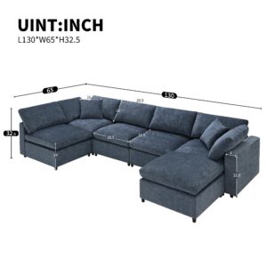 Modern Modular Sofa, 6 Seat Chenille Fabric Sectional Couch with Ottoman, U Shaped Convertible Sleeper Sofa for Living Room, Apartment