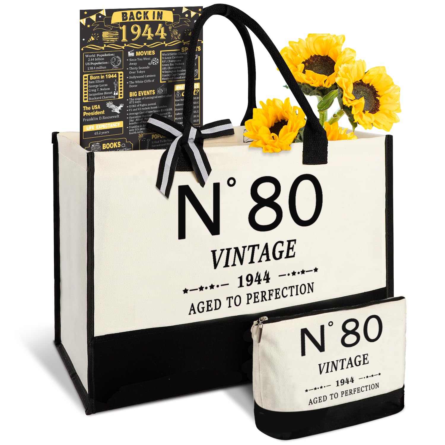 80th Birthday Gifts for Women Canvas Tote Bag Travel Gear, Unique 80 Years Old Gifts for Wife Sister Mom Aunt Friends Her, Vintage N°80 Beach Bag & Cosmetic Bag & Back in 1944 Poster