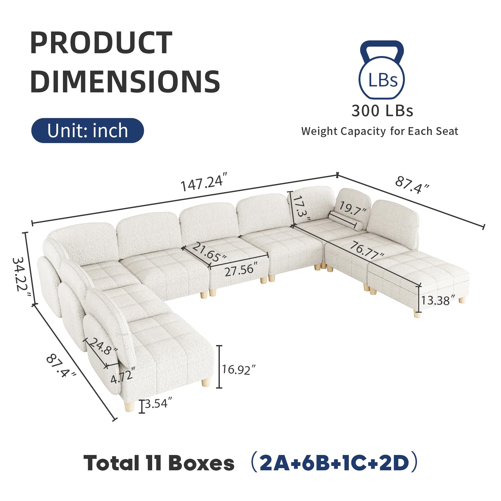 LLappuil Modular Sectional Sofa U Shaped Sectional Modular Sofa with Storage Convertible Modular Sectional Couch for Living Room, Removable Teddy Velvet 9 Seater Couch with Coffee Table, Beige